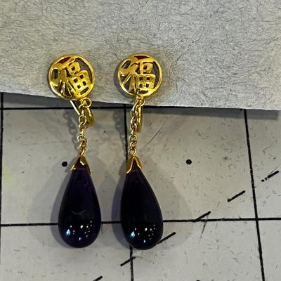 Classy Amethyst and 18K Gold Earrings, Asian Design with Tear drop 5.8 Grams