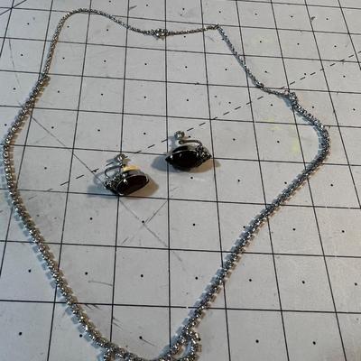 Rhinestone Necklace with Clip-Earrings, Marquee Cut. PRETTY! 
