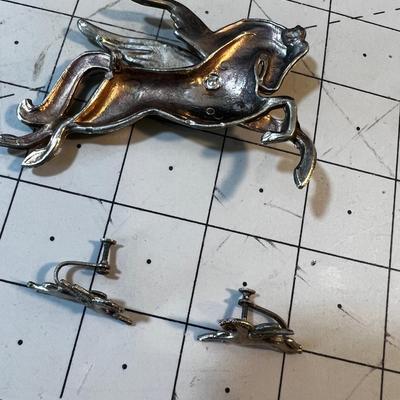 Pegasus Pin and Screw Back Earrings.