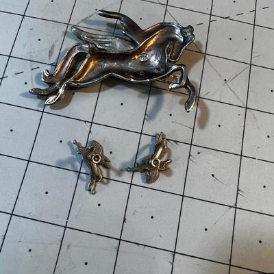 Pegasus Pin and Screw Back Earrings.