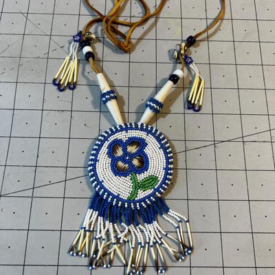 Bead and Porcupine Quill Necklace on Leather, with Clip on Earrings. 