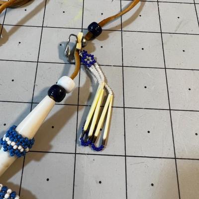 Bead and Porcupine Quill Necklace on Leather, with Clip on Earrings. 
