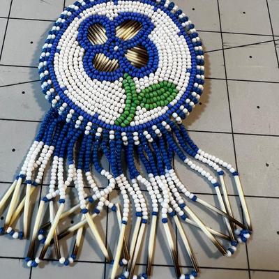 Bead and Porcupine Quill Necklace on Leather, with Clip on Earrings. 
