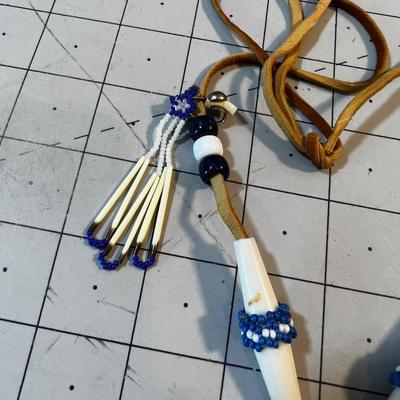 Bead and Porcupine Quill Necklace on Leather, with Clip on Earrings. 
