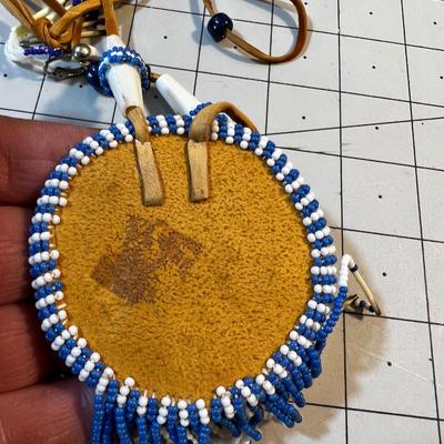 Bead and Porcupine Quill Necklace on Leather, with Clip on Earrings. 
