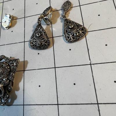 Marcasite Sterling Show Buckle and 2 sets of Earrings