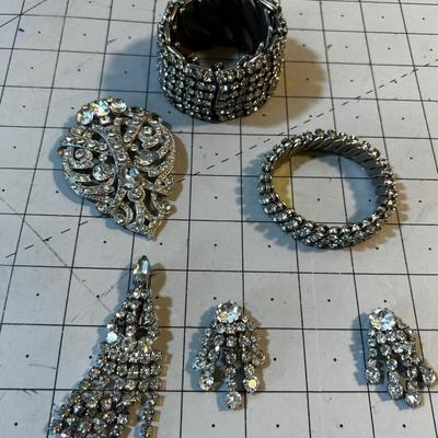 Grouping of Rhinestone: Pin, Earrings and Bracelet 