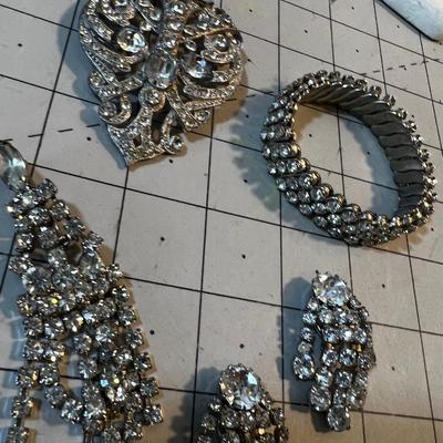 Grouping of Rhinestone: Pin, Earrings and Bracelet 