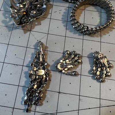 Grouping of Rhinestone: Pin, Earrings and Bracelet 