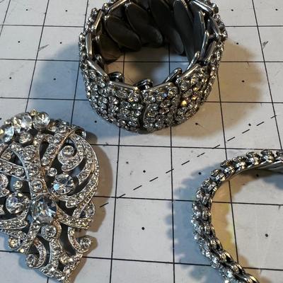 Grouping of Rhinestone: Pin, Earrings and Bracelet 