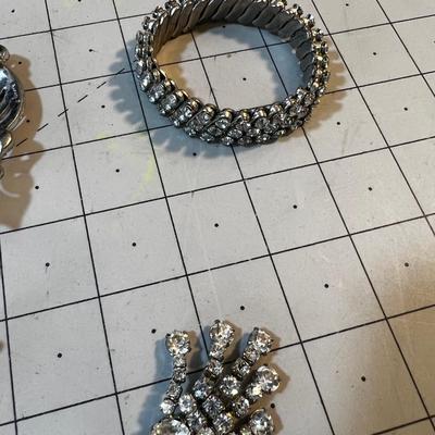 Grouping of Rhinestone: Pin, Earrings and Bracelet 