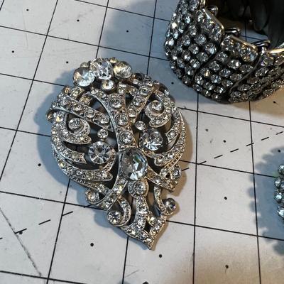 Grouping of Rhinestone: Pin, Earrings and Bracelet 