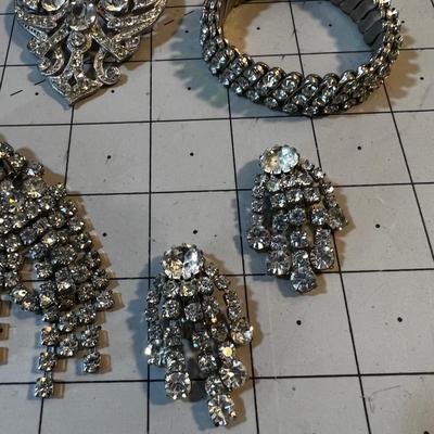 Grouping of Rhinestone: Pin, Earrings and Bracelet 