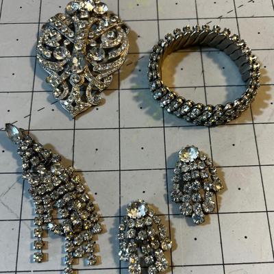 Grouping of Rhinestone: Pin, Earrings and Bracelet 