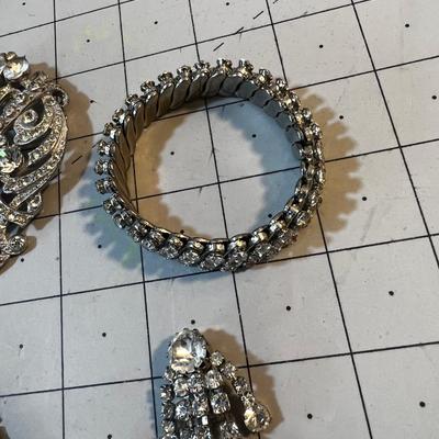 Grouping of Rhinestone: Pin, Earrings and Bracelet 