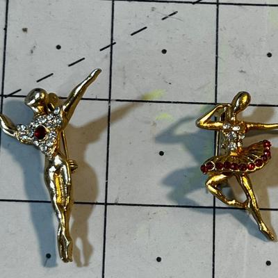 2 Different Dancer Ballerina Pins with red Crystal Stones