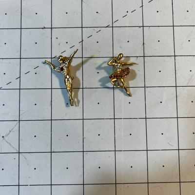2 Different Dancer Ballerina Pins with red Crystal Stones