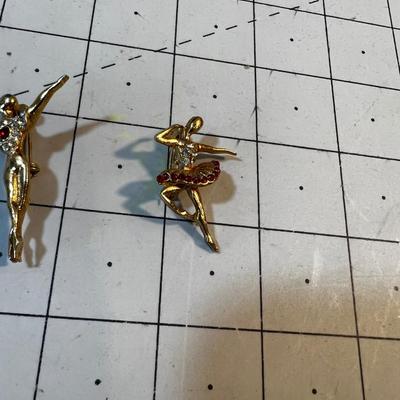 2 Different Dancer Ballerina Pins with red Crystal Stones