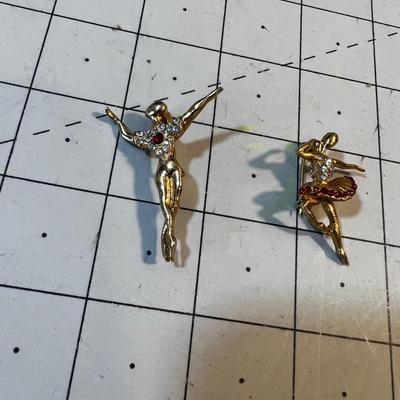 2 Different Dancer Ballerina Pins with red Crystal Stones