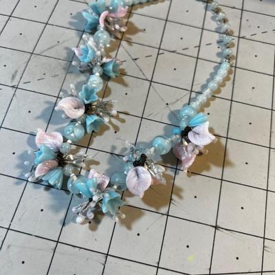 Venetian Glass Necklace, Vintage Pink & Blue Glass 