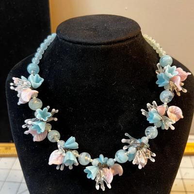 Venetian Glass Necklace, Vintage Pink & Blue Glass 