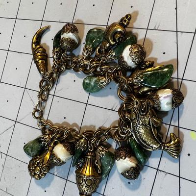 UNIQUE! Charm Bracelet and Earrings Brass with Green Moss Agate and White Shell Stones. 