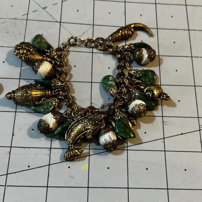 UNIQUE! Charm Bracelet and Earrings Brass with Green Moss Agate and White Shell Stones. 