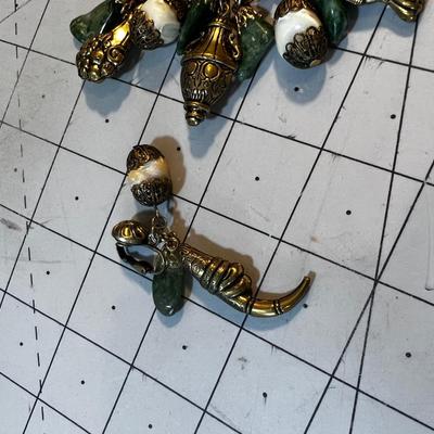 UNIQUE! Charm Bracelet and Earrings Brass with Green Moss Agate and White Shell Stones. 