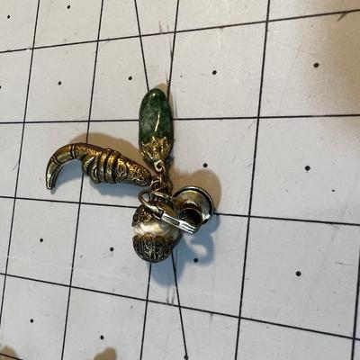 UNIQUE! Charm Bracelet and Earrings Brass with Green Moss Agate and White Shell Stones. 