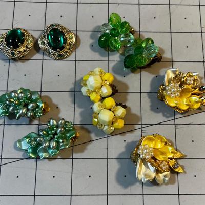 Grouping of Vintage Green & Yellow Toned Clip on Earrings