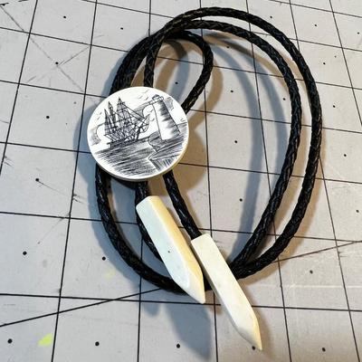 Bolero Tie of Scrimshaw Lighthouse & Sailing Shipping