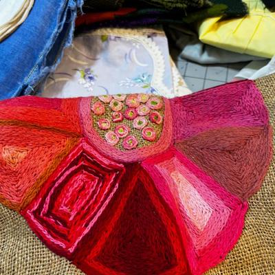 Great Vintage Mixed Linen Lot: Pillows, Aprons, Doylies, Embroidery work, Crewel, etc.,