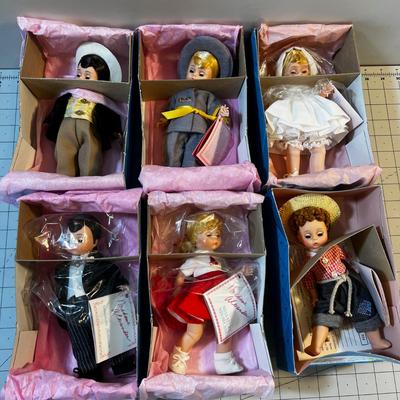 Madam Alexander Dolls (6) 6 " Tall: Rhett, Ashely, Groom, Nurse, Cheerleader and Huckleberry Finn  NEW in the box. 