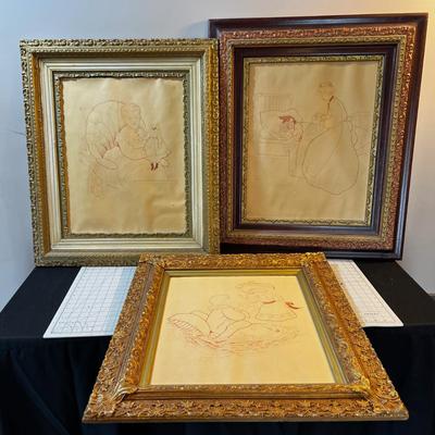 3 LARGE Pencil / pen Drawing in Old Antique Frames