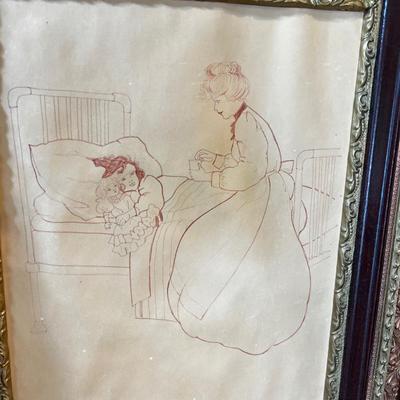 3 LARGE Pencil / pen Drawing in Old Antique Frames