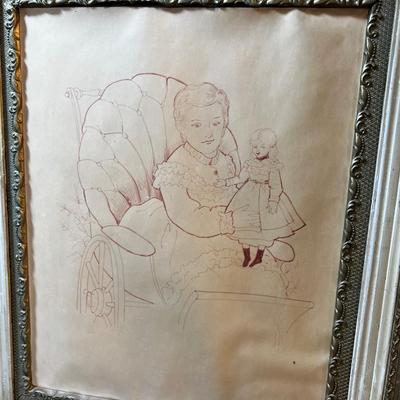 3 LARGE Pencil / pen Drawing in Old Antique Frames