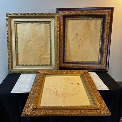 3 LARGE Pencil / pen Drawing in Old Antique Frames