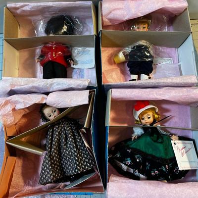 Madam Alexander Dolls (4) 7 " Tall: Tom Sawyer,  Black Forest, Mother Hubbard English Guard,   NEW in the box. 