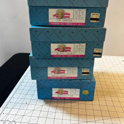 Madam Alexander Dolls (4) 7 " Tall: Tom Sawyer,  Black Forest, Mother Hubbard English Guard,   NEW in the box. 