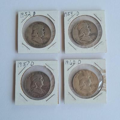 Benjamin Franklin Half Dollar coins 1953, 1954, 1957, and 1960