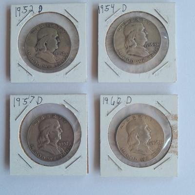 Benjamin Franklin Half Dollar coins 1953, 1954, 1957, and 1960