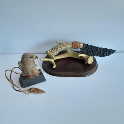 Limited Edition Red tail hawk with arrowhead, and a faux knife on an antler