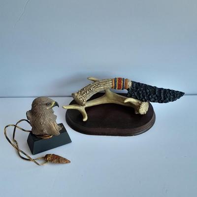 Limited Edition Red tail hawk with arrowhead, and a faux knife on an antler