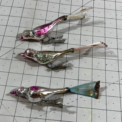 3 Glass Clip ON Bird Ornaments 