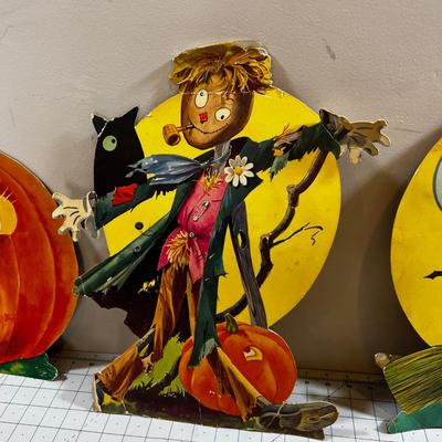 1960's Paper Halloween Cardboard Decorations: Ghost, Pumpkin, Cat, Scarecrow. 6 Total