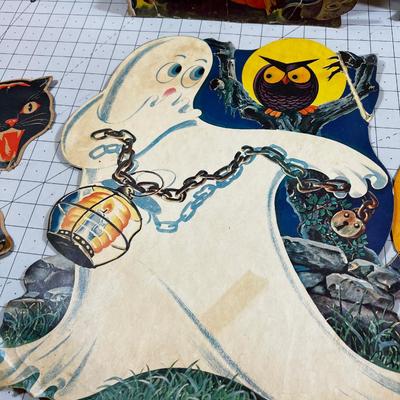 1960's Paper Halloween Cardboard Decorations: Ghost, Pumpkin, Cat, Scarecrow. 6 Total