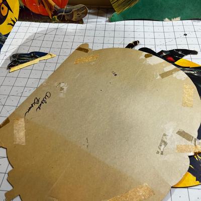 1960's Paper Halloween Cardboard Decorations: Ghost, Pumpkin, Cat, Scarecrow. 6 Total