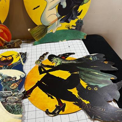 1960's Paper Halloween Cardboard Decorations: Ghost, Pumpkin, Cat, Scarecrow. 6 Total