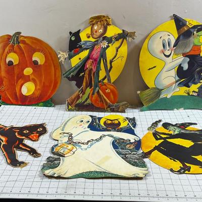 1960's Paper Halloween Cardboard Decorations: Ghost, Pumpkin, Cat, Scarecrow. 6 Total