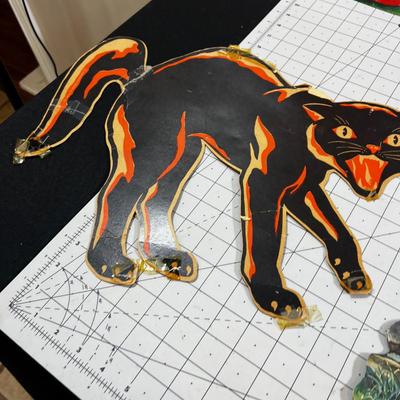1960's Paper Halloween Cardboard Decorations: Ghost, Pumpkin, Cat, Scarecrow. 6 Total